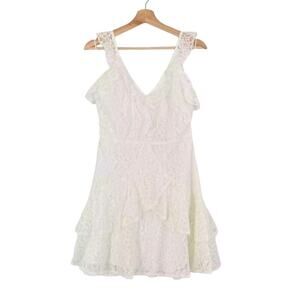 All in Favor Lace Ruffle Dress Layered A-Line Mini White Wedding Party SMALL NEW